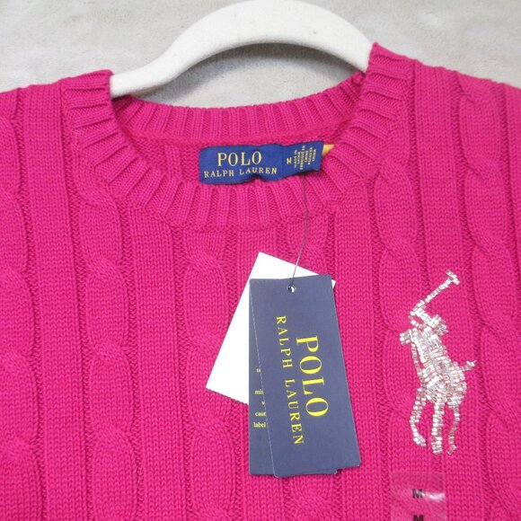 NWT Polo Ralph Lauren Cable Knit Crewneck Short Sleeve Pink Sweater Women's M - Picture 2 of 10